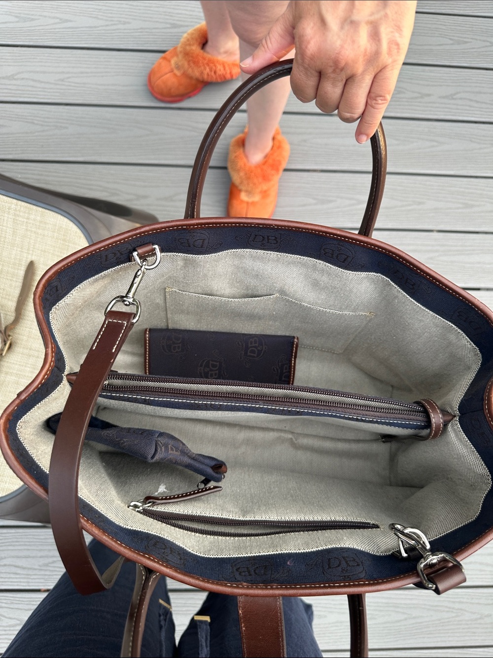 Dooney & Bourke Navy and Brown Monogram Handbag with Matching Pouch - Picture 12 of 16